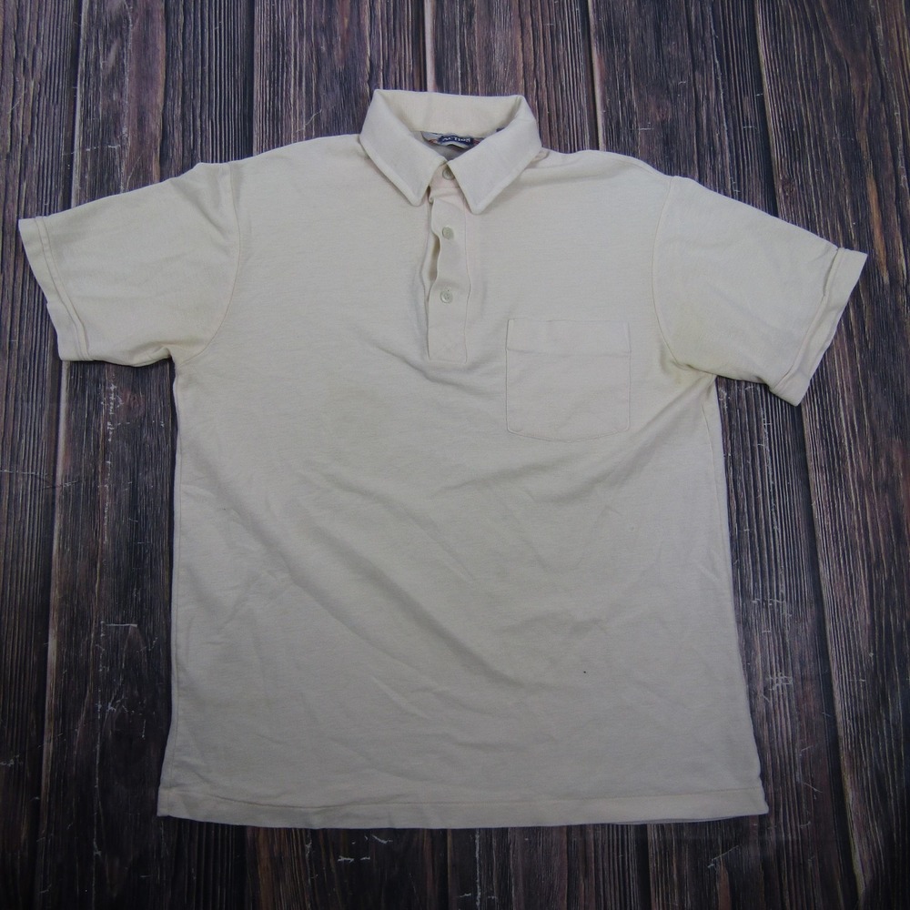 Action Shirt Mens Medium Beige Collared Pocket Polo Knit Tee Polyester